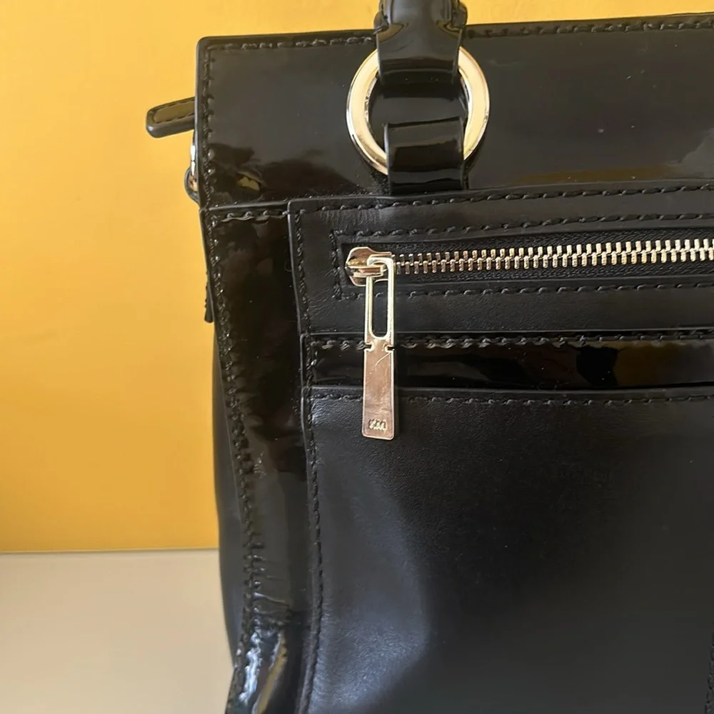 Karen Millen Black Patent Leather Structured Satchel Double Handle Tote Bag